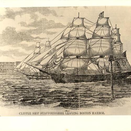 [Engraving of "Clipper Ship Staffordshire Leaving Boston Harbor]