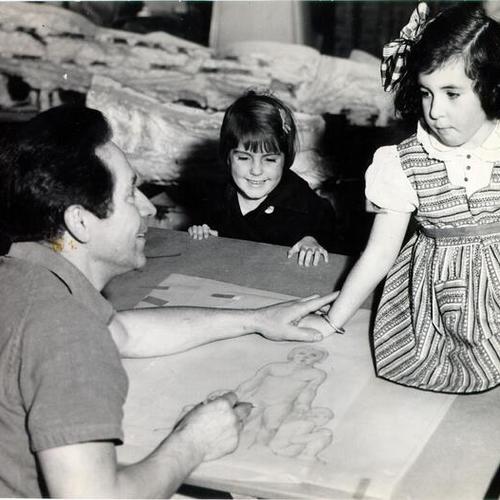 [Artist Beniamino Bufano with children Beverly Castillo and Betty Garcia]