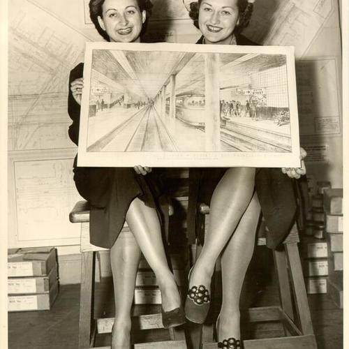 [Jeane Bon and Lovetta Edmunds holding a drawing of a proposed Market, Fifth and Powell streets subway station]