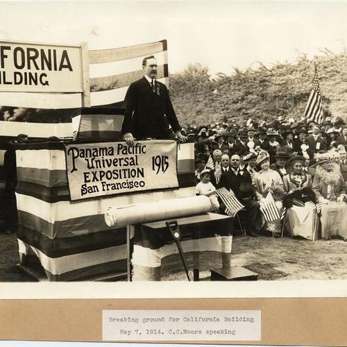 Breaking ground for California Building - May 7, 1914. C. C. Moore speaking