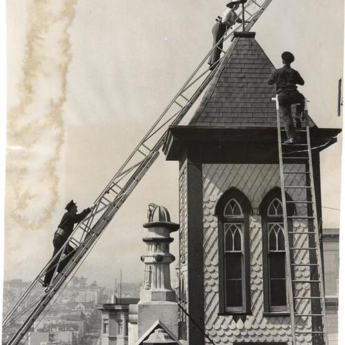 [Park Service Architect Fifi Branner taking measurements at Fire Engine 15 on 2150 California Street, which will be torn down soon]