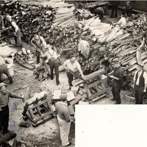 [Men working at a Community Chest sawmill]