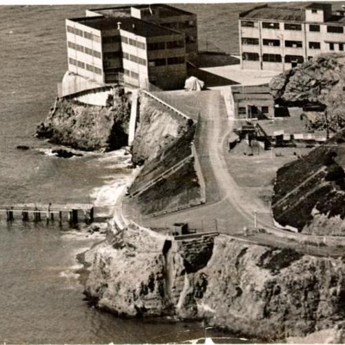 [Jagged shore of Alcatraz Island Federal Penitentiary where a group of prisoners tried to escape]