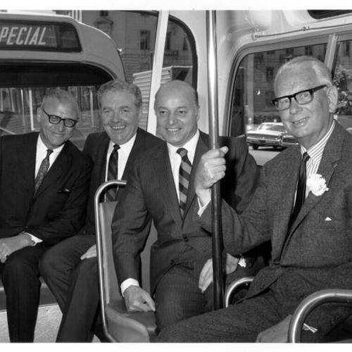 [Mayor Joseph Alioto and others at a dedication of new Muni buses]