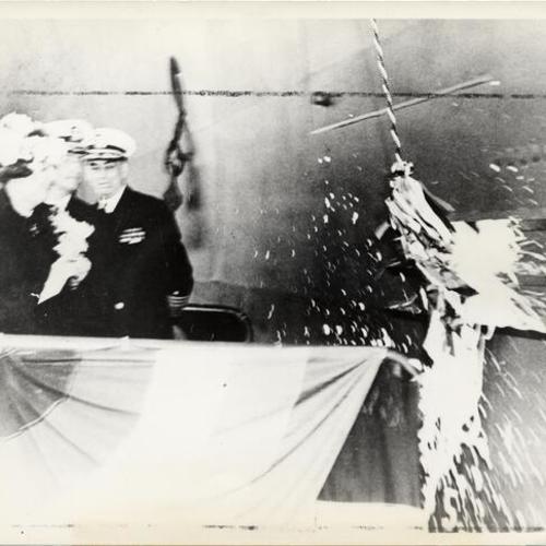 [Mrs. Thomas C. Kinkaid christening the USS Coral Sea (aircraft carrier; CVB-43)]