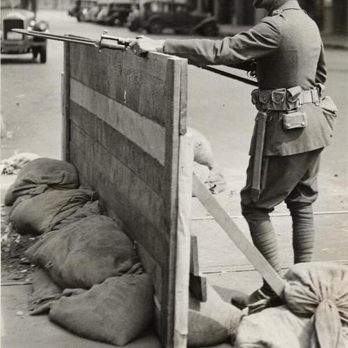 [National Guard barricade near the waterfront during the general strike of 1934]
