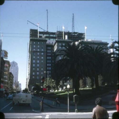 [St. Francis Hotel tower under construction]