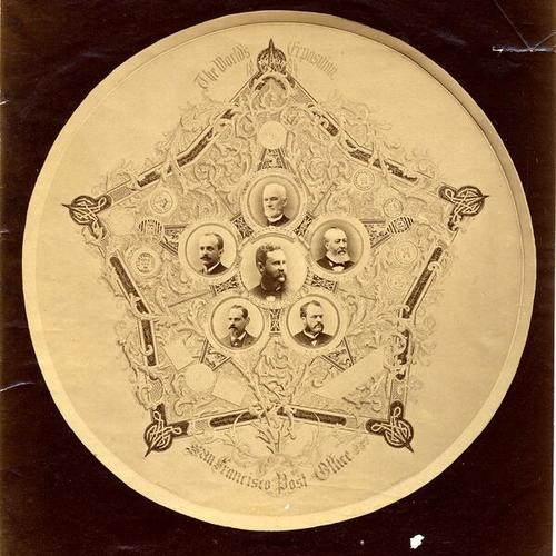 [Medallion of San Francisco Post Office with six small photos for the 1884 World's Exposition]