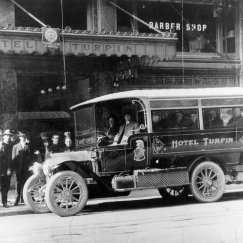 [Old shuttle bus outside of Hotel Turpin. 1912]