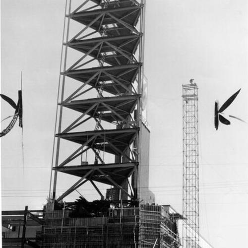 [Construction of a 200-foot triangular tower on the Union Oil Building at 425 First Street]