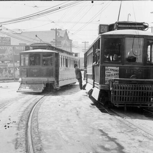 [Market Street Railway Company 24 line streetcars at Army and Mission streets]