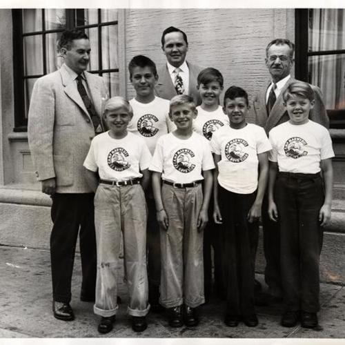 [These six youngsters from the Geneva-Excelsior Lions Club, here with three instructors, were granted two week vacations at Camp Marwedel, the summer camp of S.F. Boys Club]
