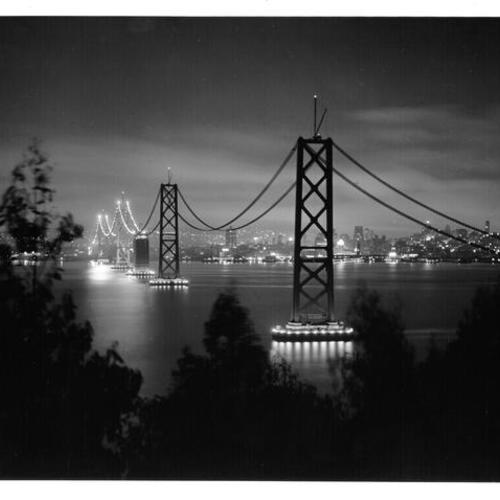 [Night view of Bay Bridge support towers]