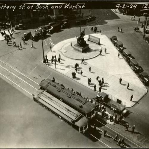 [Aerial view of the Donahue Monument, also known as the Mechanics Monument, at the intersection of Market, Battery and Bush Streets]