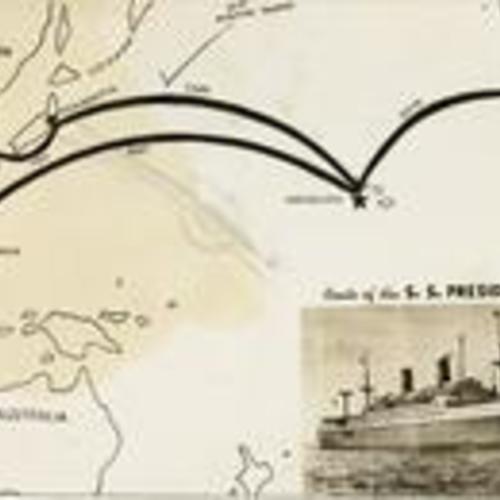 [Postcard that traces the USS Wilson's route from Manila to San Francisco]