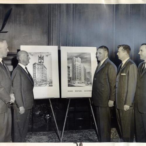 [Sherman Duckel, S. Mark Taper, Mayor George Christopher, Sherman Miller and Sidney H. Keil at a ceremony held by Home Mutual Savings & Loan Association to announce plans to modernize the De Young Building]