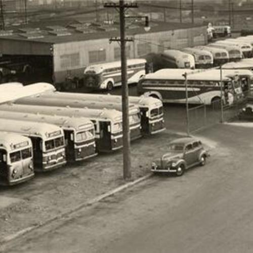 [Greyhound buses parked in company yard at 401 Kansas Street]