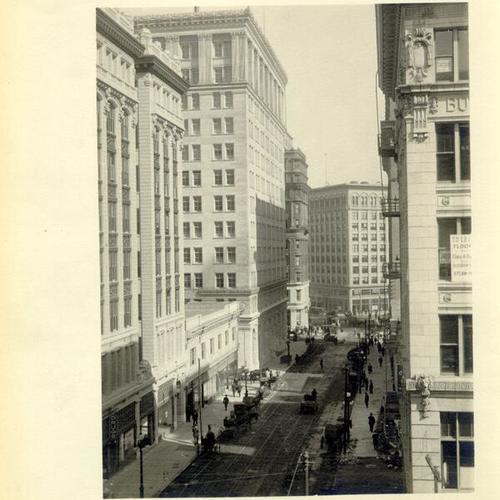 San Francisco, down Post Street at Kearny, with the Foxcroft and First National Bank buildings on the left
