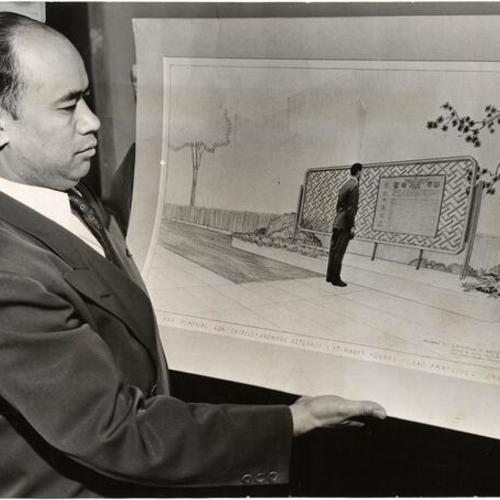 [Lim P. Lee holding a drawing of a plaque memorializing Chinese-Americans who lost their lives in both world wars]
