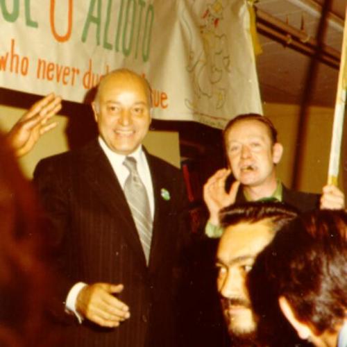 [Joseph Alioto with supporters at cocktail party during mayoral campaign]