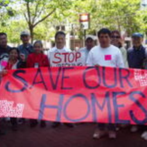 [Members of SOMCAN, Manilatown and Trinity Plaza Association at post-rally in front of Trinity Plaza building]