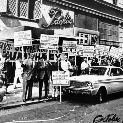 [Political rally in support of Hubert Humphrey in front of Paoli's restaurant]
