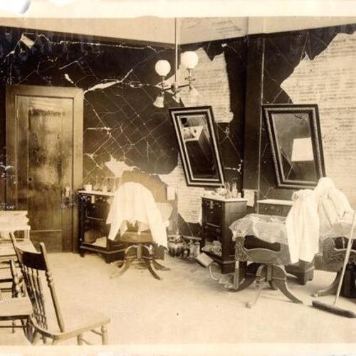 [Interior of a barber shop damaged in the earthquake of 1906]