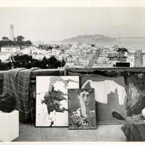 [Artwork assembled at Russian Hill observation area, with view of Telegraph Hill and Bay Bridge in the background]