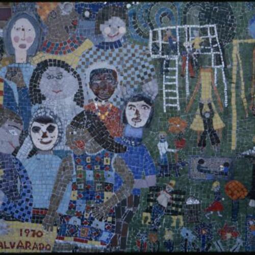 Ruth Asawa mosaic of Alvarado Elementary School students' self-portraits and neighborhood