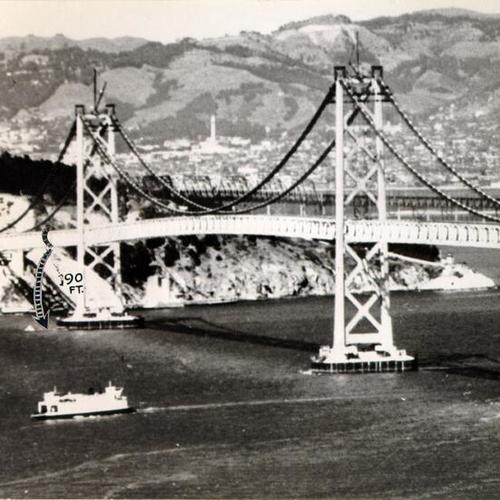 [View of the San Francisco-Oakland Bay Bridge with a diagram showing where a bridge worker fell]