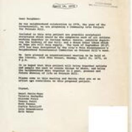 Letter to Potrero Hill Neighbor, April 14, 1975, pamphlet file.