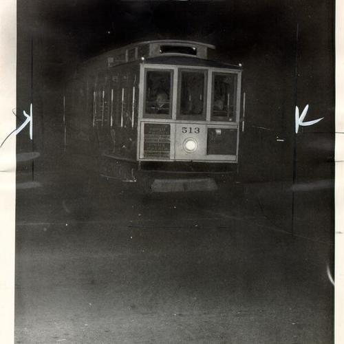 [Powell and Hyde streets line cable car at night]