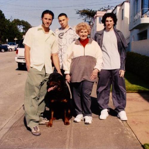 [Bernice and her three grandsons Ryan, Matthew, Nathan, dog Davis]