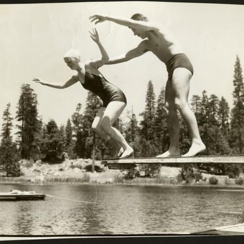 [Swimmers diving into Birch lake in Camp Mather]