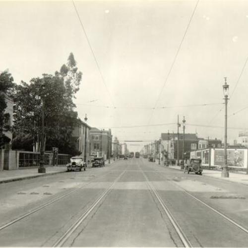 [Valencia Street at Duncan Street looking north with St. Luke's Hospital on the left]
