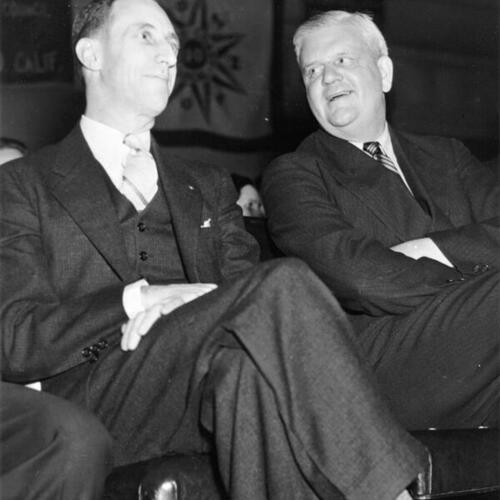 [Harry Bridges and Roger D. Lapham prior to a debate concerning the Maritime Strike]