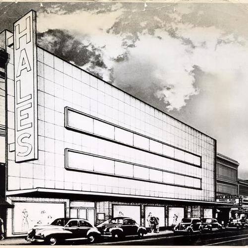 [Photograph of Mission Street with drawing of Hale's department store superimposed onto it]