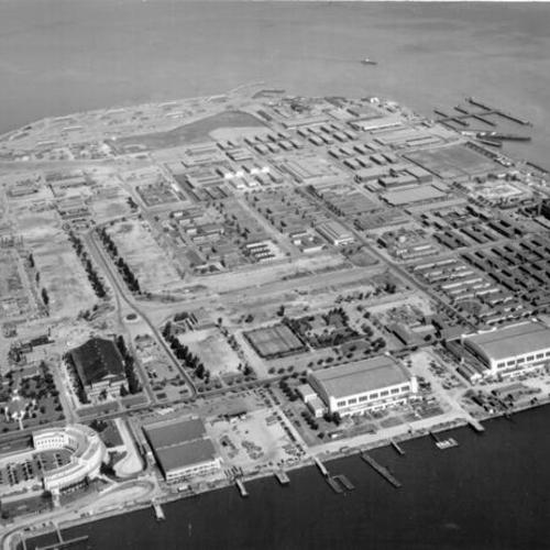 [Aerial view of naval base on Treasure Island, looking east]