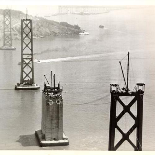 [Aerial view of San Francisco-Oakland Bay Bridge under construction]