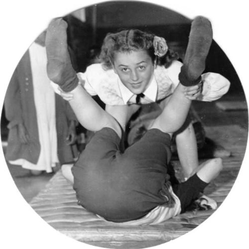 [Evangeline Powell and another student during a gym class at Everett Junior High School]