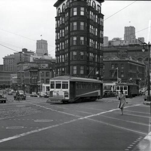 [Kearny street looking south on Broadway and #16 line car 956 crossing Broadway]