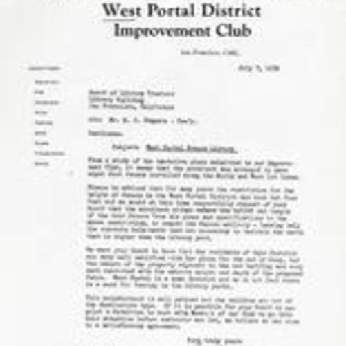 Letter from West Portal District Improvement Club; 1936