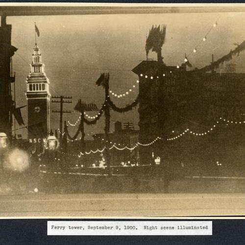 Ferry tower, September 9, 1900. Night scene illuminated