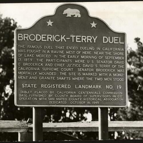 [Plaque at Lake Merced commemorating the 1859 duel between U. S. Senator David C. Broderick and California Supreme Court Justice David S. Terry]