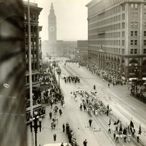 [Parade on Market Street near the Ferry Building]