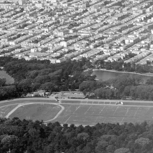[Aerial view looking northwest at Spreckels Lake & Polo Field in Golden Gate Park]