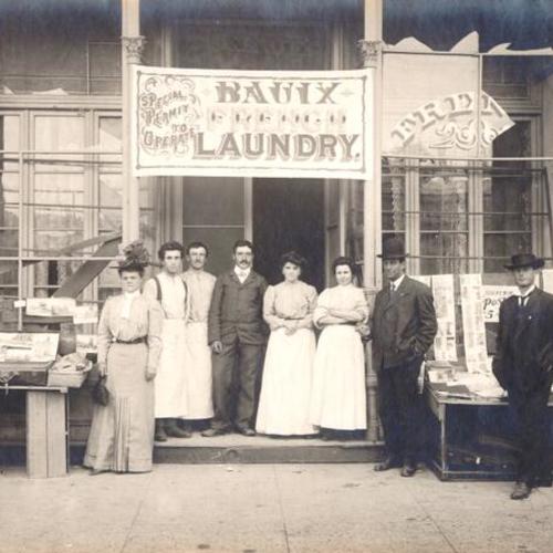 [Unidentified people standing outside of Bauix French Laundry business after the 1906 earthquake]