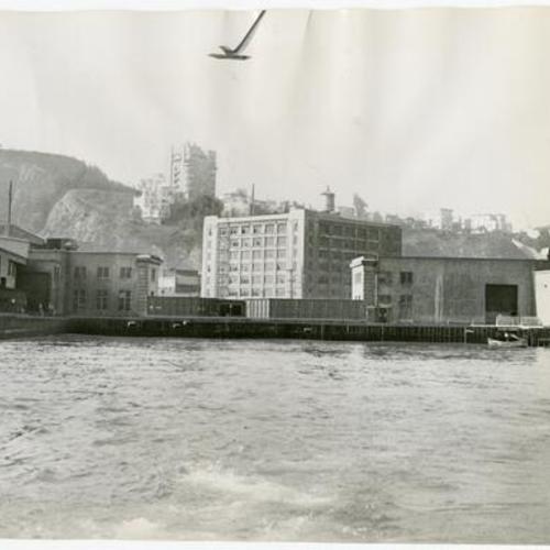 [View of San Francisco waterfront from the bay, with Telegraph Hill and Coit Tower in the background]