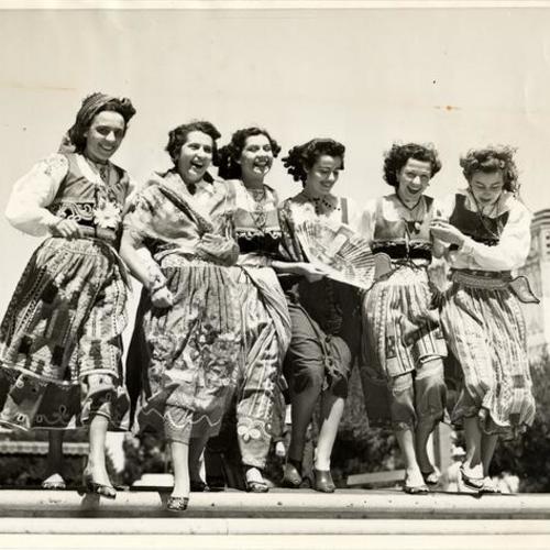 [Anna G. Lewis, Beatriz Sousa, Irene George, Marie Mendes, Mary Skinner and Eleanor Cardoza rehearsing for Portuguese pageant]