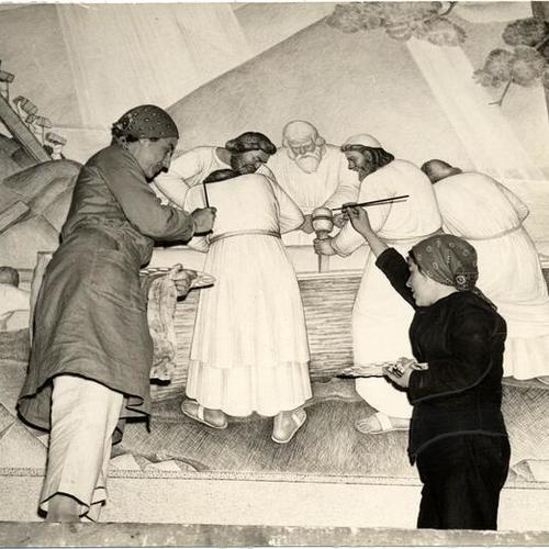 [Helen Forbes (left) and Dorothy Puccinelli (right), painting Fleishhacker Mothers Building mural]